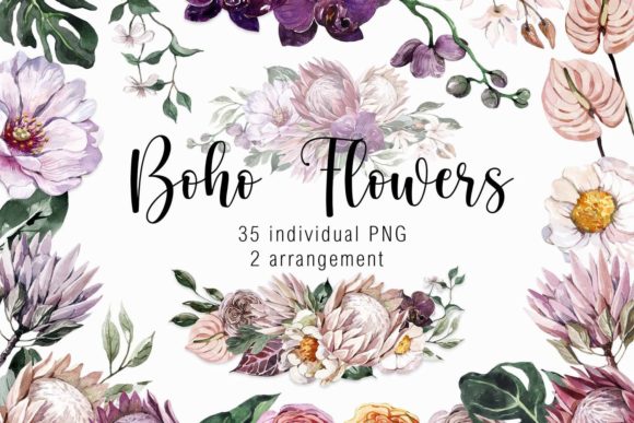 Download Watercolor Boho Flowers Clipart - Premium Bundle