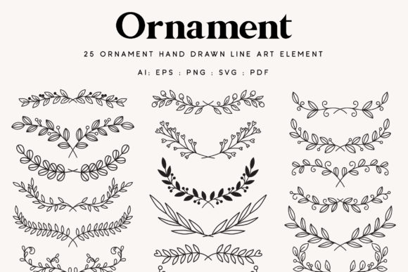 Download 25 Leaf Ornament Wedding Lineart Element - Leaf ornament Collection