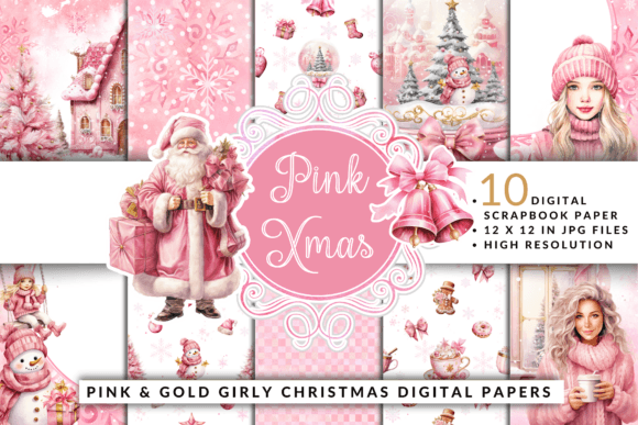 Download Girly Pink Christmas Digital Paper Pack - Pink christmas digital paper Collection